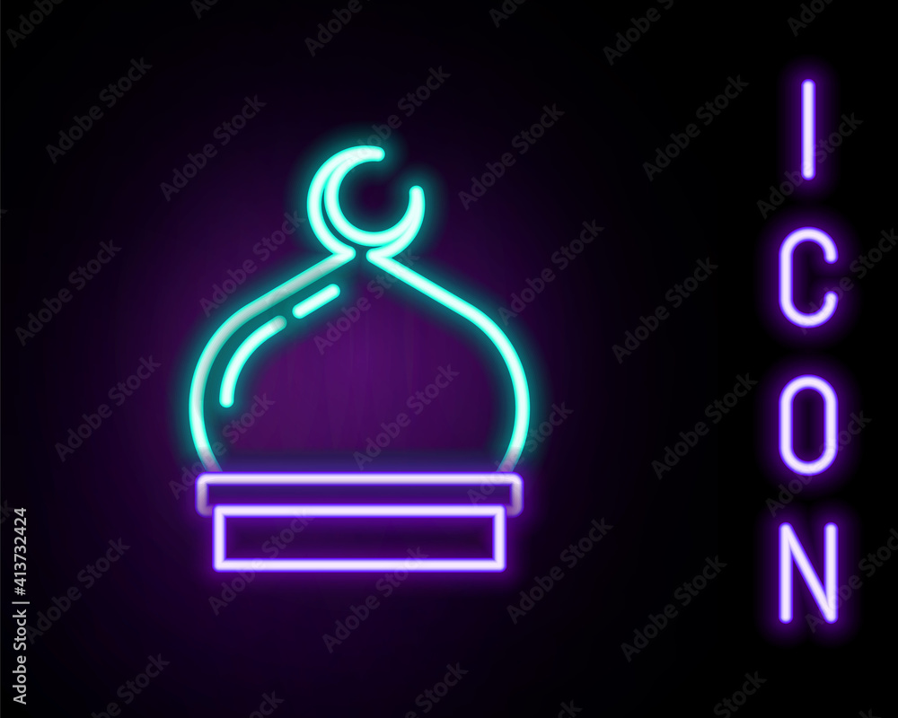 Glowing neon line Muslim Mosque icon isolated on black background. Colorful outline concept. Vector. Glowing neon line Muslim Mosque icon isolated on black background. Colorful outline concept. Vector.