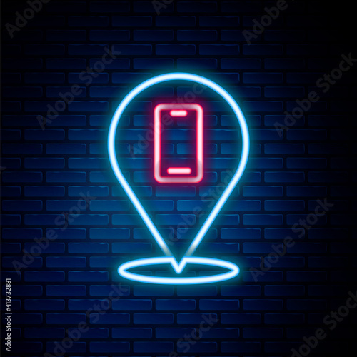 Glowing neon line Phone repair service icon isolated on brick wall background. Adjusting, service, setting, maintenance, repair, fixing. Colorful outline concept. Vector.