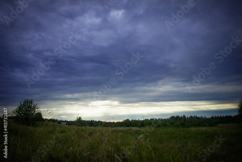 Summer, forest, greenery, stormy blue sky, summer landscape, clouds