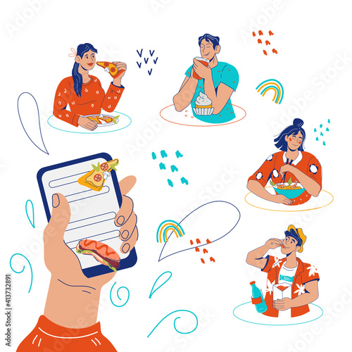 Banner with hand holding phone with mobile app for food delivery, cartoon vector illustration isolated on white background. Online food order and take away restaurant concept.