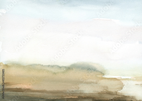 Neutral Brown and Blue Sky watercolor landscape with blank space abstract background with paper textured hand drawn and painted 