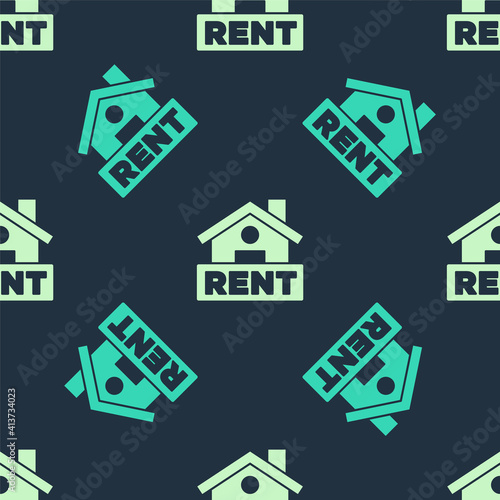 Green and beige Hanging sign with text Rent icon isolated seamless pattern on blue background. Signboard with text For Rent. Vector.