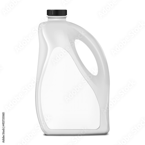 White plastic jerry can with blank label, mockup. Large bottle with handle and black screw cap, vector mock-up. Liquid product packaging, template for design