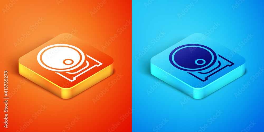 Isometric Wooden barrel on rack with stopcock icon isolated on orange and blue background. Vector. Isometric Wooden barrel on rack with stopcock icon isolated on orange and blue background. Vector.
