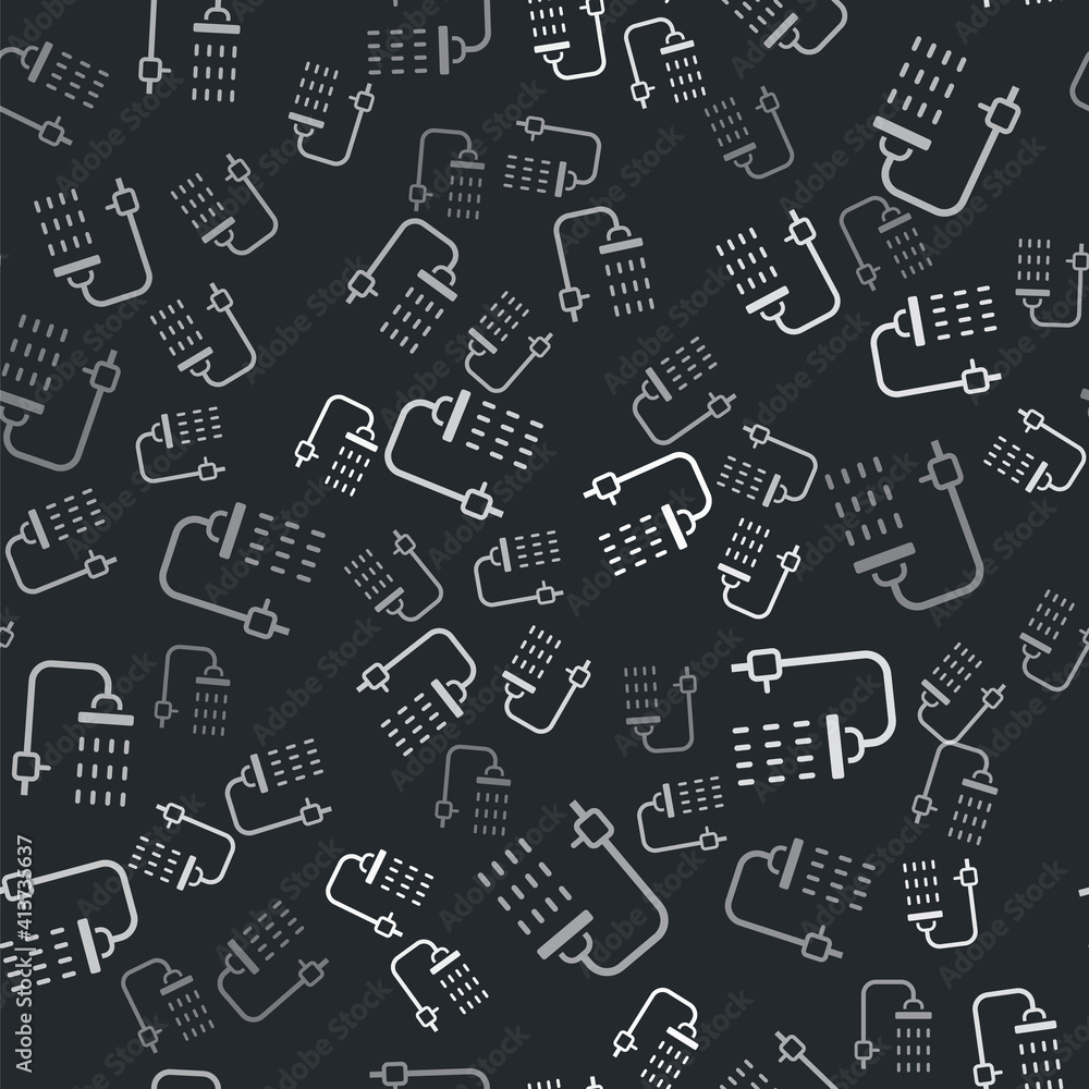 Grey Shower head with water drops flowing icon isolated seamless pattern on black background. Vector. Grey Shower head with water drops flowing icon isolated seamless pattern on black background. Vector.