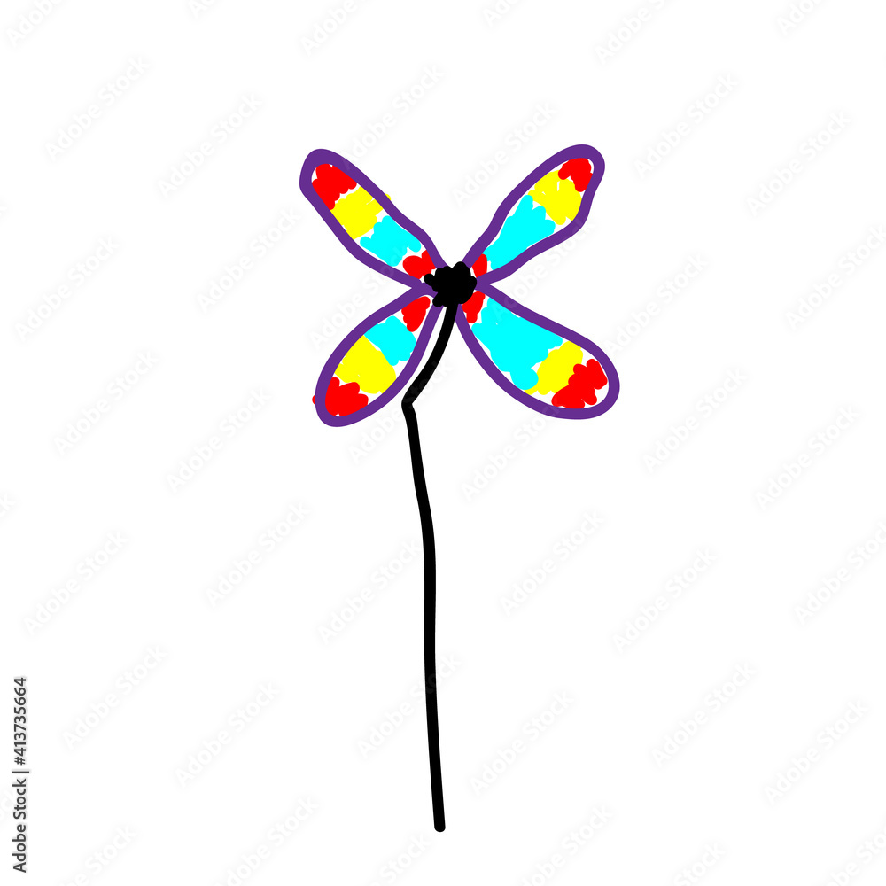 Toy windmill propeller or pinwheel in a deliberately childish style. Imitation child drawing. Kid sketch, painting felt-tip pen or marker. Kid painted handmade by birthday. Vector illustration Toy windmill propeller or pinwheel in a deliberately childish style. Imitation child drawing. Kid sketch, painting felt-tip pen or marker. Kid painted handmade by birthday. Vector illustration
