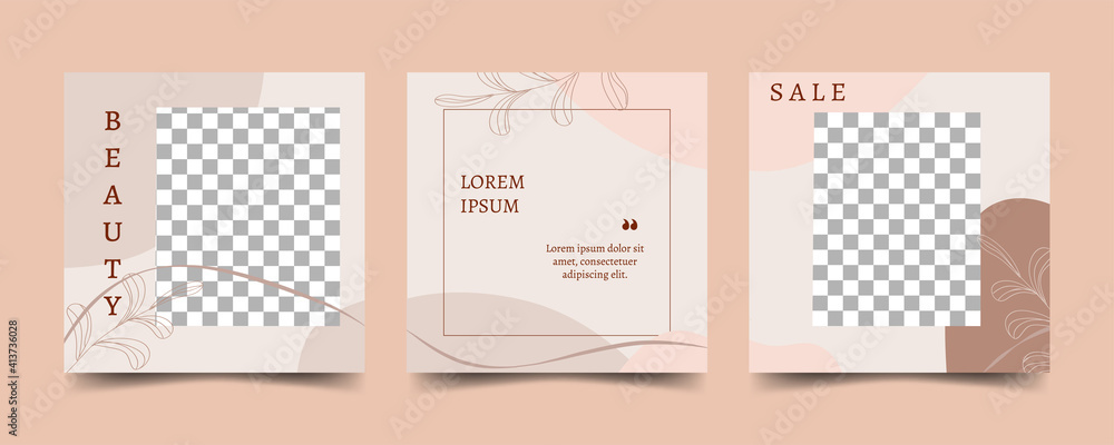 Set of square postcards in beige, pastel colors. Vector template for social media promotion. Place for text and photo