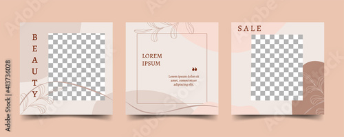 Set of square postcards in beige, pastel colors. Vector template for social media promotion. Place for text and photo