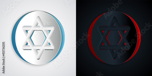Paper cut Star of David icon isolated on grey and black background. Jewish religion symbol. Symbol of Israel. Paper art style. Vector.