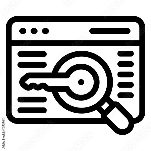 Magnifier with key denoting linear icon of keyword analysis 