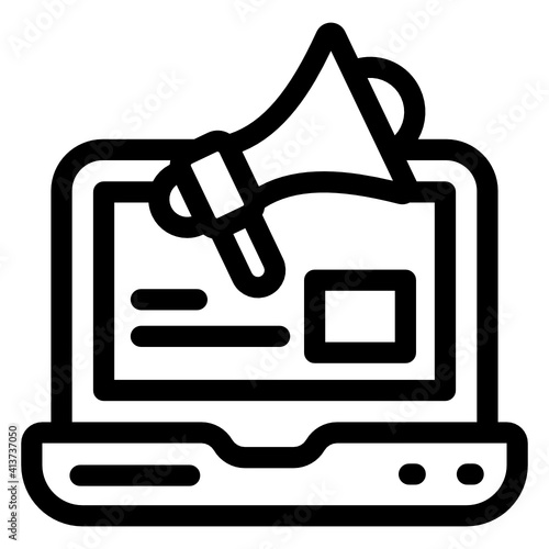 
Megaphone inside laptop denoting linear icon of online marketing 
