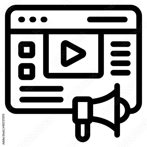 
Megaphone with website denoting linear icon of video promotion 
