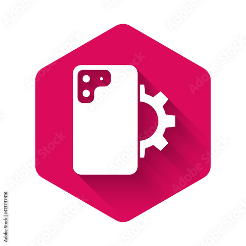 White Phone repair service icon isolated with long shadow background. Adjusting, service, setting, maintenance, repair, fixing. Pink hexagon button. Vector.