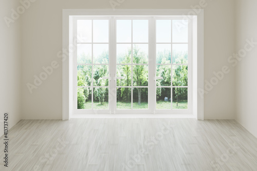 Fototapeta Naklejka Na Ścianę i Meble -  White empty room with summer landscape in window.