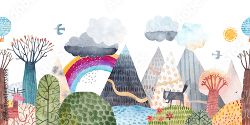 Mountain landscape, hills, trail, lonely wolf, lake, balloon and clouds. Watercolor illustration. Children's poster. Horizontal seamless pattern.