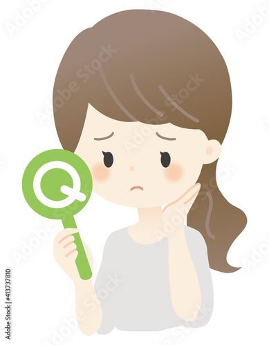 Qマークを持つ女性（主線なし・悩み）