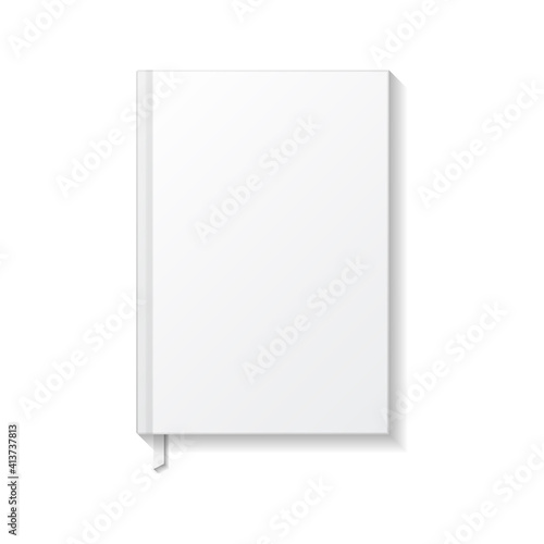 Blank white book or notebook with white ribbon bookmark top view mockup template.