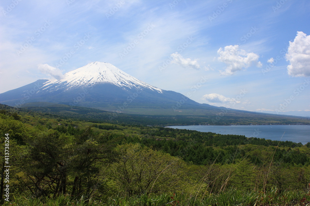 山中湖と富士山　　山中湖の東にある明神山からの眺望。　山中湖と草原、その先には雪を被った冨士山。