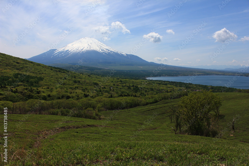 Fototapeta premium 山中湖と富士山 山中湖にある明神山から見た眺望、山中湖とその先に無得る冨士山
