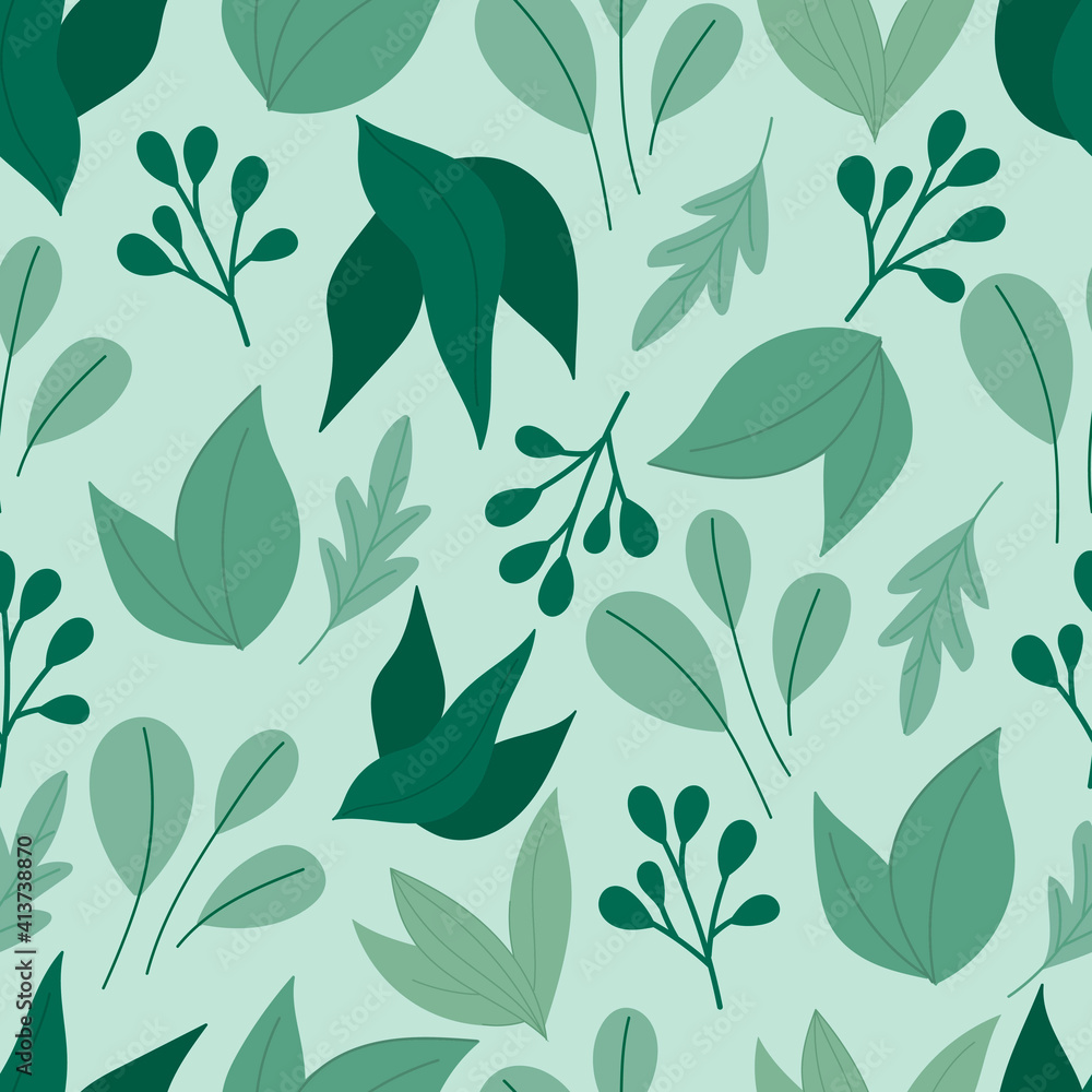 Beautiful moden spring seamless pattern with green leaves on light green background.Leaves and flowers wallpapers. Florals background.