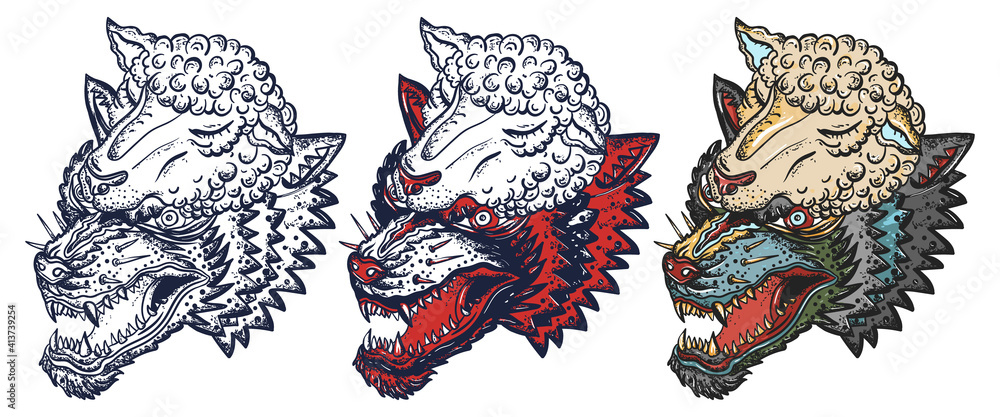 Wolf in sheep clothing. Old school tattoo vector art. Hand drawn cartoon  character set. Isolated on white. Traditional tattooing style Stock Vector  | Adobe Stock