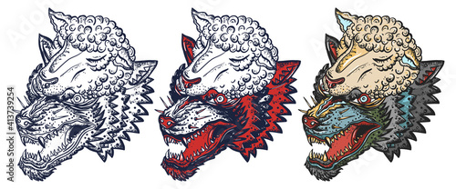 Wolf in sheep clothing. Old school tattoo vector art. Hand drawn cartoon character set. Isolated on white. Traditional tattooing style