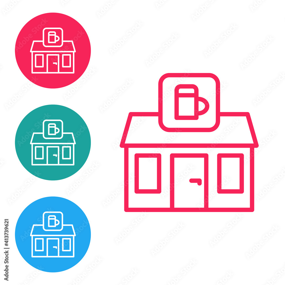 Red line Store building of beer shop icon isolated on white background. Brewery sign. Set icons in circle buttons. Vector. Red line Store building of beer shop icon isolated on white background. Brewery sign. Set icons in circle buttons. Vector.