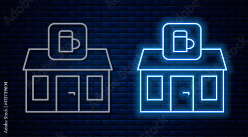 Glowing neon line Store building of beer shop icon isolated on brick wall background. Brewery sign. Vector.