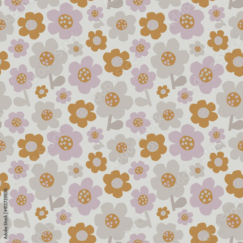 Vector simple pattern with stylized flowers in pastel colors. Stylish seamless background with grey, purple and brown flowers. Floral pattern for fabric, textile, wallpapers and wrapping paper.