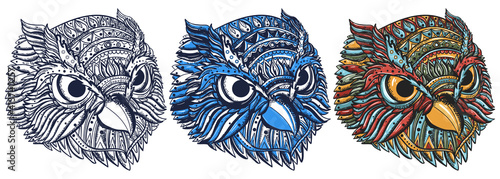 Owl bird head portrait. Animals concept. Old school tattoo vector art. Hand drawn cartoon character set. Isolated on white. Traditional tattooing style