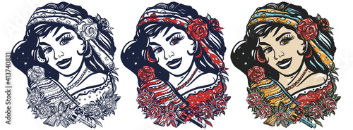 Mexican woman portrait. Latin ethnic girl in national clothes. Mexico people. Hand drawn cartoon character set. Isolated on white. Traditional tattooing style. Old school tattoo vector art