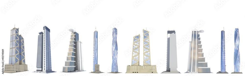 Obraz premium Set of detailed financial tall buildings with fictional design and blue sky reflection - isolated, different angles views 3d illustration of architecture