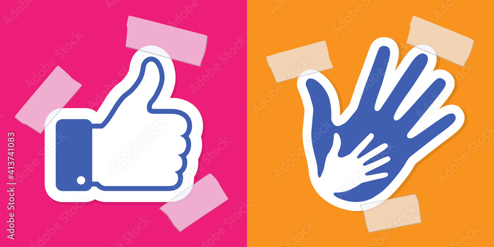 Caring hand applique with a plaster. Thumb up applique. Healthcare medical help hand logo. Emblem parent children. Vector illustration set Caring hand applique with a plaster. Thumb up applique. Healthcare medical help hand logo. Emblem parent children. Vector illustration set