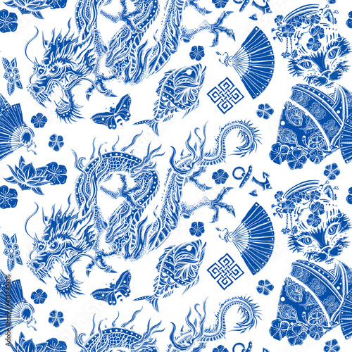 Chinese traditional blue ceramic background. Old school tattoo style. Dragon, queen geisha cat in traditional costume, fan, lotus flower. Ancient oriental culture. China seamless pattern