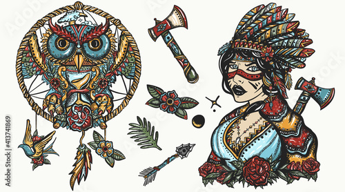 Native American Indian color old school tattoo vector collection. Ethnic warrior girl, shamanic female, dream catcher, owl. Tribal culture and history. Traditional tattooing style
