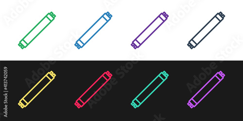 Set line Long luminescence fluorescent energy saving lamp icon isolated on black and white background. Vector.