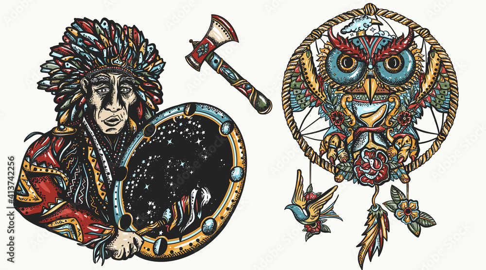 Native American Indian, color old school tattoo vector collection. Tribal  culture and history. Traditional tattooing style. Ethnic warrior, dream  catcher, owl and old cherokee shaman Stock Vector | Adobe Stock