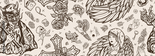 Angel and demon seamless pattern. Good and evil. Cross with roses, hands prayer, dove. Sin and holiness. Paradise and Hell art. Terrible satan with pitchforks and holy nun. Old school tattoo style