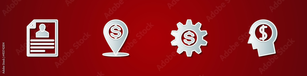 Set Resume, Cash location pin, Gear with dollar symbol and Business man planning mind icon. Vector. Set Resume, Cash location pin, Gear with dollar symbol and Business man planning mind icon. Vector.