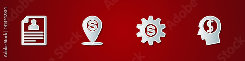 Set Resume, Cash location pin, Gear with dollar symbol and Business man planning mind icon. Vector.