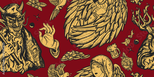 Angel and demon gothic seamless pattern. Sin and holiness. Paradise and Hell art. Terrible satan with pitchforks and holy nun. Old school tattoo style. Good and evil. Hands prayer, dove