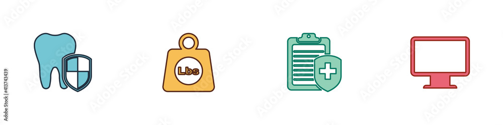 Obraz premium Set Dental protection, Weight pounds, Clipboard with medical insurance and Computer monitor screen icon. Vector.