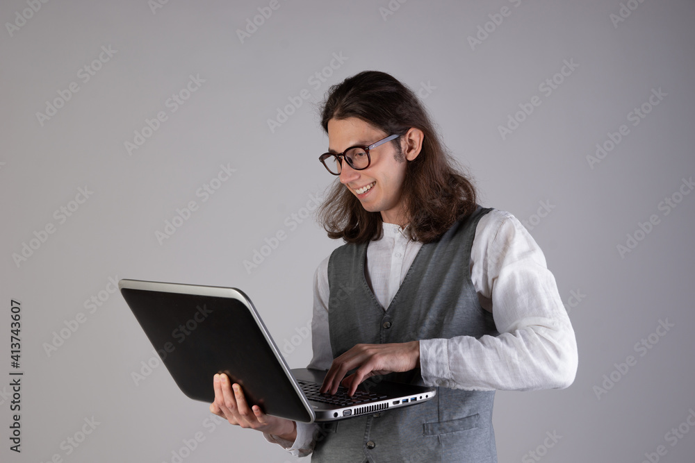 Programming and writing code, developing software products. Geek guy, Programming and writing code, developing software products. Geek guy,