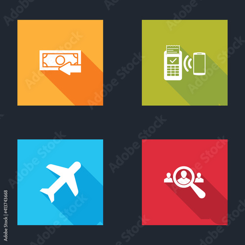 Set Cash back, POS terminal, Plane and Magnifying glass for search people icon. Vector.