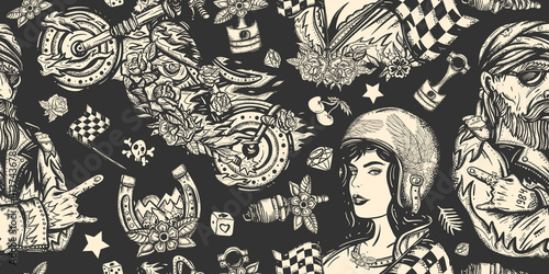 Bikers. Dark seamless pattern. Old school tattoo background. Lifestyle of racers. Pin up moto girl, bearded biker man, burning chopper motorcycle, race flag, rider sport woman