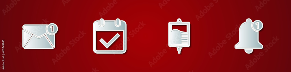Set New, email incoming message, Calendar with check mark, IV bag and Bell icon. Vector. Set New, email incoming message, Calendar with check mark, IV bag and Bell icon. Vector.