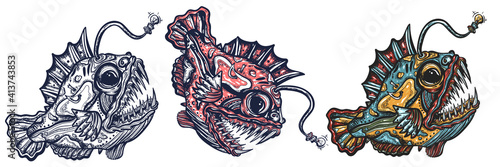 Angler fish. Underwater sea monster. Old school tattoo vector art. Hand drawn cartoon character set. Isolated on white. Traditional tattooing style
