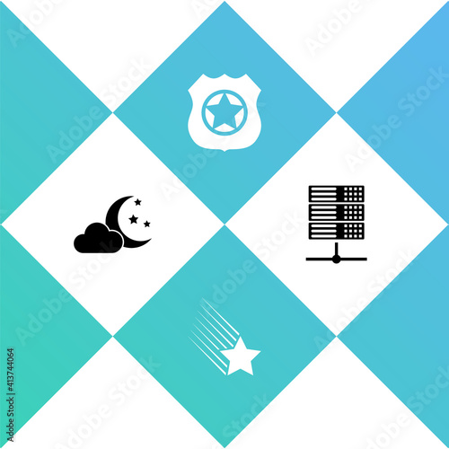 Set Cloud with moon and stars, Falling, Police badge and Server, Data, Web Hosting icon. Vector.