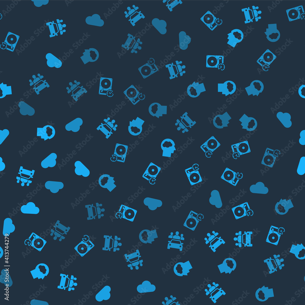 Set Car sharing, Hard disk drive with clockwise, Head silhouette cloud and Music streaming service on seamless pattern. Vector. Set Car sharing, Hard disk drive with clockwise, Head silhouette cloud and Music streaming service on seamless pattern. Vector.