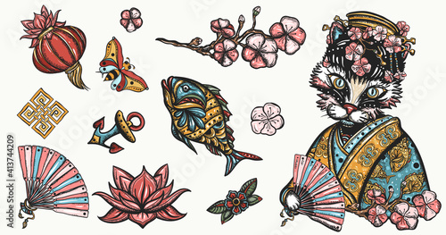 Cats old school tattoo vector collection. Portrait of asian kitty geisha princess. Funny pets art, animals hand drawn. Traditional tattooing style